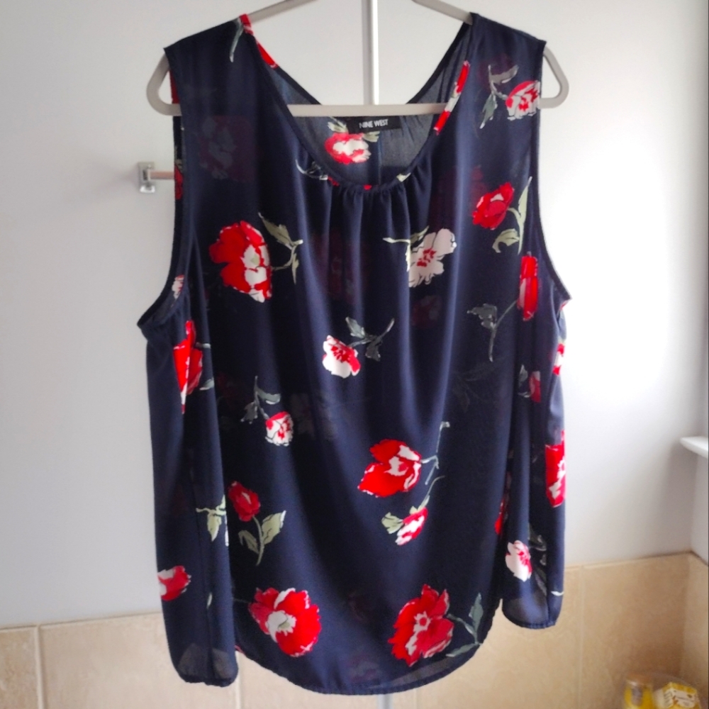 Nine West Navy Blue Floral Sleeveless Tank Top 3X